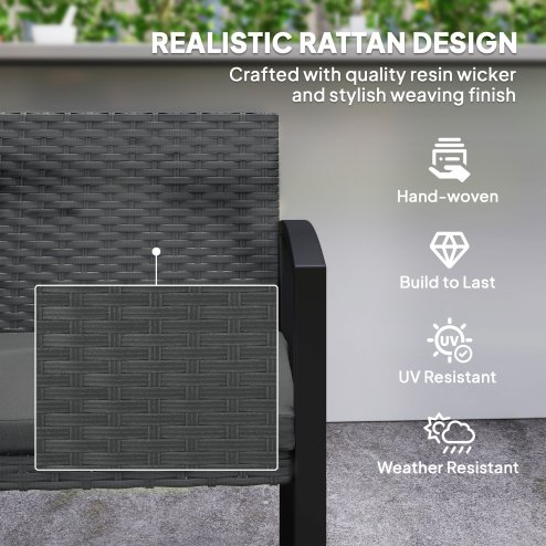 Outsunny 2 Seater Rattan Garden Bench, Outdoor Bench with Cushion, PE Wicker Garden Loveseat with Armrests, Galvanised Steel Frame for Patio, Park, Dark Grey