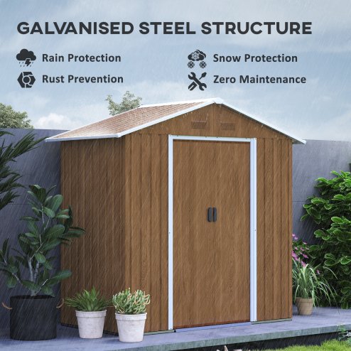 Outsunny 6.5 x 3.5ft Metal Garden Shed, Outdoor Storage Shed for Tool Organization with Double Sliding Doors and 4 Vents for Garden, Patio, Brown Wood Effect