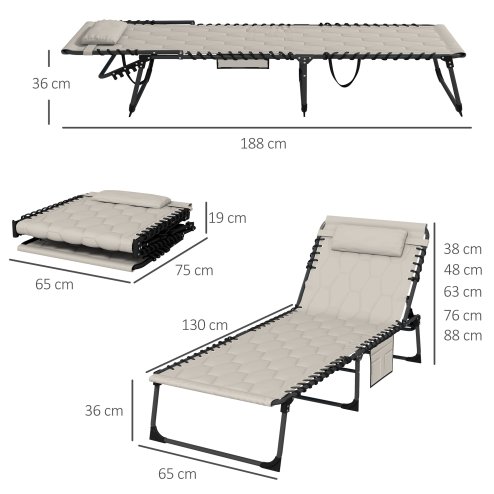 Outsunny 2 Piece Foldable Sun Lounger Set with 5-level Reclining Back, Outdoor Tanning Chairs Sun Loungers with Build-in Padded Seat, Side Pocket, Headrest for Beach, Patio, Khaki