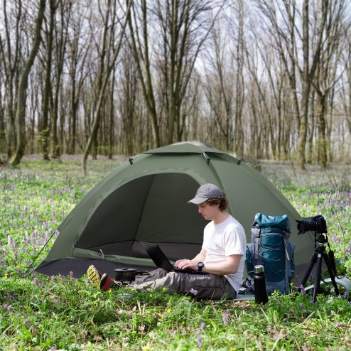 Outsunny 2 Person Camping Tent, Dome Tent with Zipped Doors, Storage Pocket, Portable Handy Bag, Dark Green