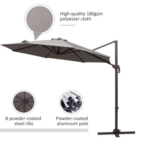 Outsunny 3M Cantilever Parasol, Hanging Garden Umbrella Sun Shade with 360 Rotation, Aluminium Frame, Cross Base, Hand Crank, Grey