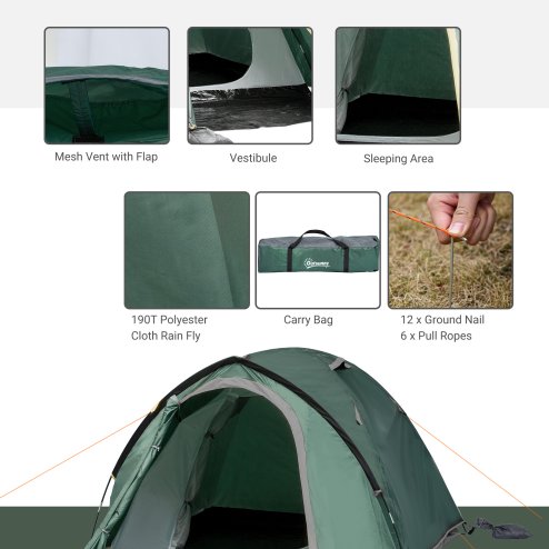 Outsunny Two-Man Camping Tent Dome Tent with Weatherproof Shell, Vestibule & Windows, for Fishing & Hiking, Green and Grey