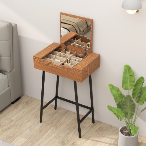 HOMCOM Dressing Table with Flip-Up Mirror, 16 Small Compartments, Industrial Vanity Desk, Makeup Desk with Steel Legs for Bedroom, Natural Wood Effect
