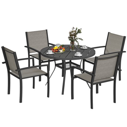 Outsunny 5 Piece Garden Furniture Set, Garden Dining Set with Round Table and 4 Stackable Chairs, Steel Frame, for Outdoor, Patio, Terraces, Dark Grey
