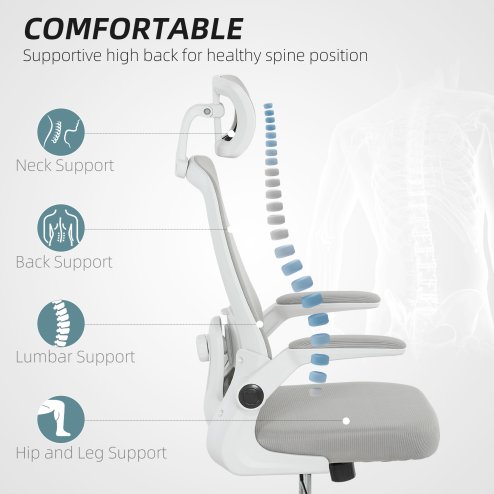 HOMCOM Executive Office Chair, Ergonomic Mesh High Back Desk Chair with Flip-up Armrest, Adjustable Lumbar Support, Rotatable Headrest, Grey