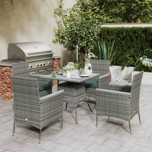 Outsunny Rattan Dining Set, 4 Seater Rattan Garden Furniture Set with 50mm Parasol Hole, Outdoor Garden Table and Chairs with Cushions, Slatted Wood Tabletop for Patio, Conservatory, Grey