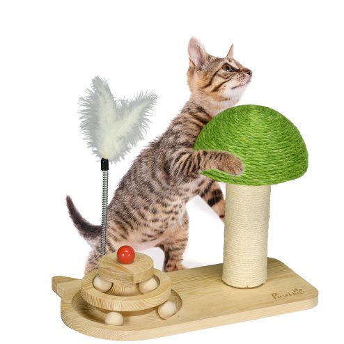 PawHut 26cm Cat Scratching Post, Mushroom-Shaped Cat Post with Toy Balls, Feather, Sisal Scratch Post for Indoor Cats - Natural tone and green