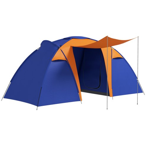 Outsunny 4-6 Man Tunnel Tent with 2 Bedroom, Living Area and Porch, Large Camping Tent, 2000mm Waterproof, Portable with Bag, for Fishing Hiking Festival, Orange and Blue