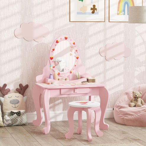 AIYAPLAY Kids Dressing Table Set, Two-Piece Children Vanity Table with Stool, Mirror, Drawer, Desktop Storage, Strawberry-Theme Makeup Desk, Chair, Pink Image