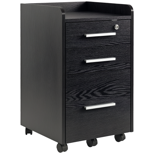 HOMCOM 3 Drawer Filing Cabinet with Lock and Edged Top, Lockable Filing Cabinet on Wheels with Hanging Bars for Letter and A4 Size, Black