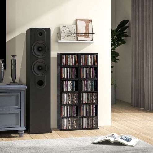 HOMCOM 204 CD Media Display Shelf Unit Set of 2 Blu-Ray Tower Rack w/ Adjustable Shelves Bookcase Storage Organiser, High Gloss Black