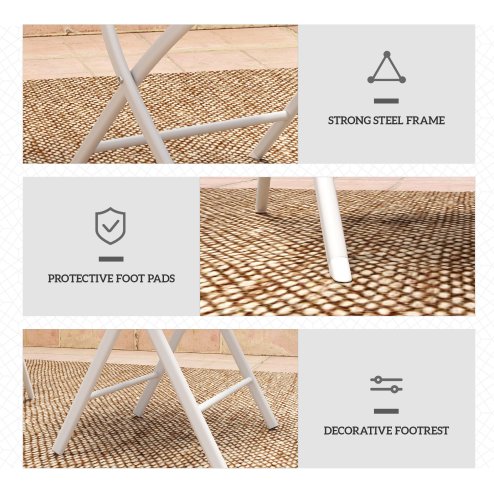 Outsunny 3 Pieces Outdoor Bistro Set, Glass Top Outdoor Table and 2 Folding Chairs, Garden Furniture Set with Protecting Feet, Steel Frame, Easy Clean, White