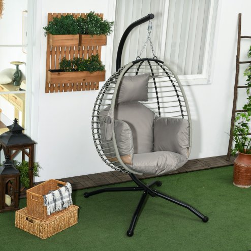 Outsunny Outdoor Swing Chair with Thick Padded Cushion, Patio Hanging Egg Chair with Metal Stand, Foldable Basket, Cup Holder, Rope Structure for Indoor & Outdoor, Grey