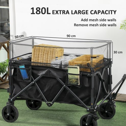 Outsunny 180L Festival Trolley on Wheels, Folding Camping Trolley Cart with Extendable Side Walls and Telescopic Handle, for Garden Beach Fishing, Black