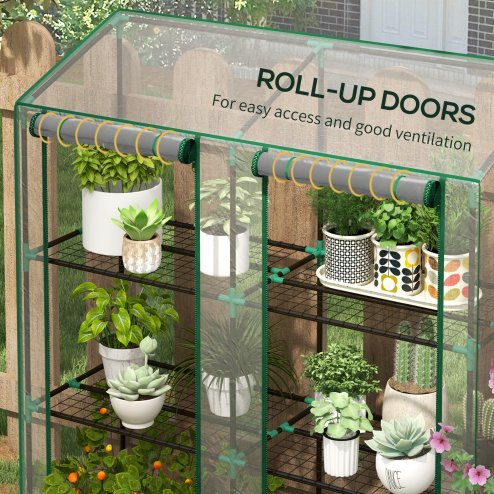 Outsunny 3 Tier Lean-to Mini Greenhouse with Reinforced Plastic Cover, Portable Indoor Outdoor Green House with 2 Roll-up Doors and 6 Wire Shelves, 151H x 143W x 46Dcm, Clear