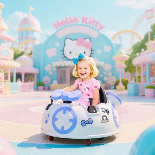 AIYAPLAY Hello Kitty Licensed Kids Bumper Car with Remote Control, 360° Rotation Spin Electric Ride On Waltzer Car with Dual Joysticks, Music, Lights, Safety Belt, for 1.5-5 Years Old, White