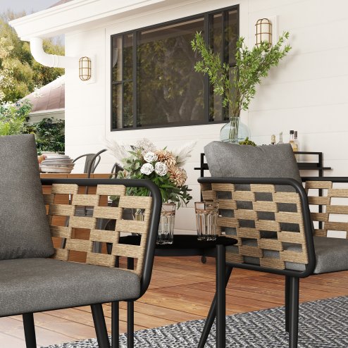 Outsunny 3 Pieces Rattan Bistro Set, Wicker Garden Furniture Set with Washable Seat and Back Cushions, Glass Top Coffee Table, for Outdoor, Patio, Black