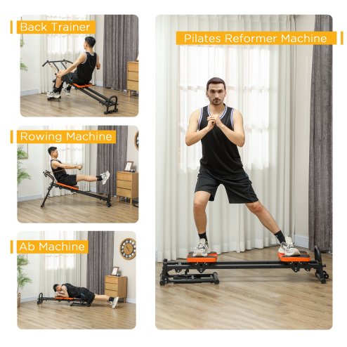 SPORTNOW Multifunctional Home Gym Equipment, Flat or Incline Reformer Pilates Machine, Ab Machine, Rower, with Adjustable Push Up Bar