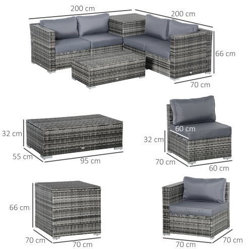 Outsunny 6 Pieces Rattan Garden Furniture Set, 4 Seater Wicker Garden Corner Sofa Set with 2 Storage Tables and Loveseats, Outdoor Conversation Furniture with Cushions for Conservatory, Patio, Grey