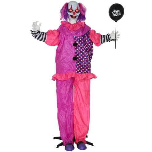 Outsunny 5.7ft/175 cm Life Size Halloween Animated Clown & Balloon with Red Light Up Eyes, Sound Activated Moving Body, Scary Clown Halloween Decorations, Battery Operated, Indoor Party Props