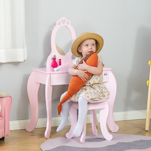 HOMCOM Kids Vanity Table & Stool Girls Dressing Set Make Up Desk Chair Dresser Play Set with Mirror Pink Image