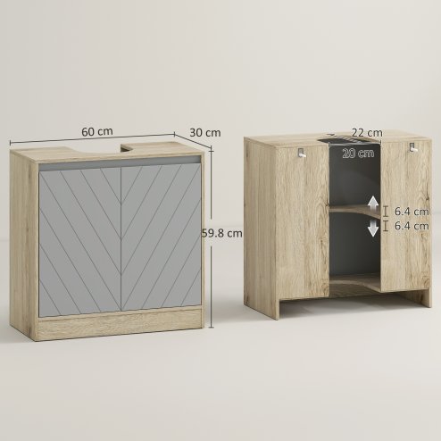 HOMCOM Under Sink Storage Cabinet Floor Standing Cupboard w/ Adjustable Shelf Bathroom Cabinet 2 Doors Versatile Style Grey