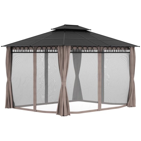 Outsunny 3.6 x 3 (m) Outdoor Polycarbonate Gazebo, Double Roof Hard Top Gazebo with Galvanised Steel Frame, Nettings & Curtains for Garden, Lawn, Patio and Deck