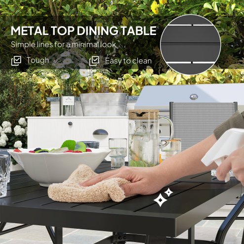 Outsunny 7 Pieces Garden Dining Set, 6 Seater Garden Furniture Set with Parasol Hole, Outdoor Dining Set with High Back Folding Chairs and Square Metal Top Table for Outdoor Patio, Grey