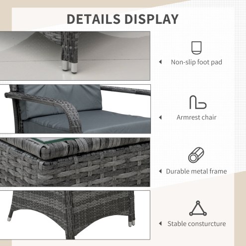Outsunny 3 Pieces Rattan Bistro Set with Furniture Cover, Wicker Garden Furniture Set, Glass Top Coffee Table and Chairs with Cushions for Outdoor, Patio, Balcony, Grey