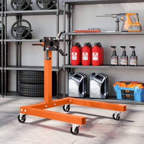 HOMCOM Engine Stand, 570 kg Rotating Engine Stand with 360 Degree Adjustable Head, 4 Mounting Arms, Heavy Duty Steel Support, Universal Wheels for Garage Workshop Auto Repair, Orange