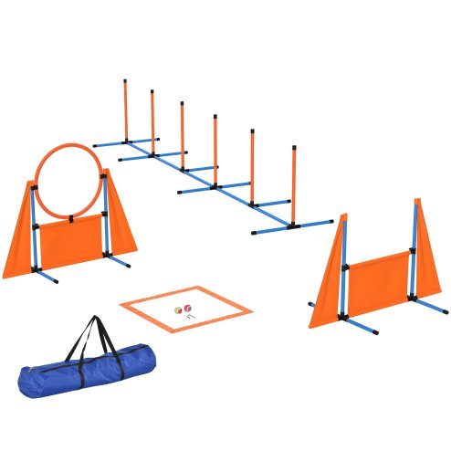 PawHut 6-Piece Dog Agility Equipment, Pet Agility Training Set with Weave Poles, Jump Ring, Hurdle, Pause Box, Obstacle Training Course Kit with Bag, Orange Image
