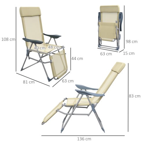 Outsunny Outdoor Sun Lounger Set of 2, Reclining Garden Chairs with Adjustable Footrest, 2 Pieces Recliner with 5-level Adjustable Backrest, Headrest, Beige