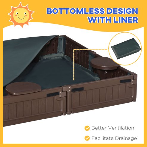 Outsunny Sand Pit Children's Plastic Sandpit w/ Water-Resistant Oxford Cover Bottom Fabric Liner kid Playset for 3-12 years old, Garden, Outdoor - (Brown)