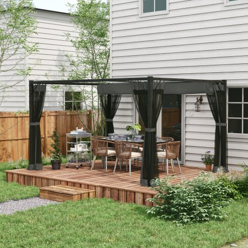 Outsunny 3 x 4 m Pergola with Retractable Roof Canopy and Netting Sidewalls, Aluminium Frame Garden Gazebo Outdoor Sun Shade Shelter for Grill, Patio, Deck, Dark Grey