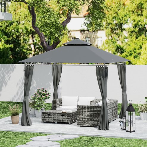 Outsunny 3 x 3 m Garden Gazebo, Double Roof Metal Gazebo with Curtains and Solar-Powered LED Lights, Outdoor Canopy Shelter for Patio, Deck, Dark Grey