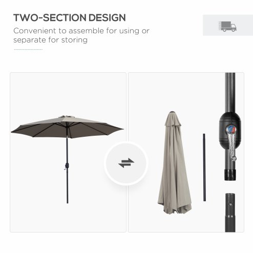 Outsunny 3(m) Garden Parasol Umbrellas, Outdoor Sun Shade with 8 Ribs, Tilt and Crank Handle for Balcony, Bench, Garden, Light Grey
