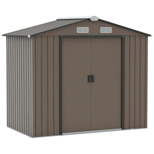 Outsunny 7 x 4ft Metal Garden Shed, Outdoor Storage Tool House with Ventilation Slots, Foundation Kit and Lockable Double Doors, Brown