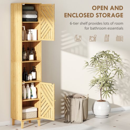 HOMCOM Tall Bathroom Cabinet with Bamboo Doors and Legs, Slim Bathroom Storage Cabinet, Freestanding Storage Cupboard with Open Compartments, Adjustable Shelves, 32 x 30 x 170 cm, Natural Wood Finish