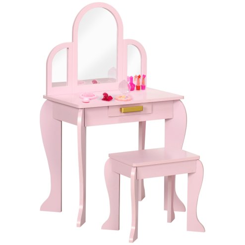 HOMCOM Kids Dressing Table and Stool Kids Vanity Set Makeup Desk w/ Mirror, Drawer, for Ages 3-6 Years - Pink Image