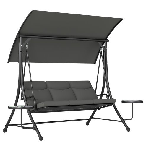 Outsunny 3 Seater Garden Swing Seat Swing Chair with Adjustable Canopy, Removable Cushion and Coffee Tables for Outdoor Patio Garden Dark Grey