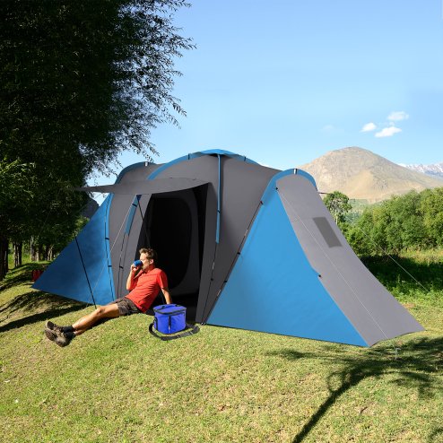 Outsunny 4-6 Man Tunnel Tent with 2 Bedroom and Living Area, Large Camping Tent, 2000mm Waterproof, Portable with Bag, for Fishing Hiking Festival, Grey and Blue