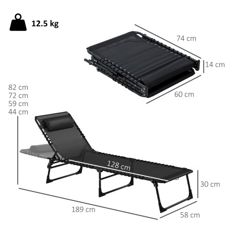 Outsunny 2 Piece Foldable Sun Lounger, Outdoor 4 Level Adjustable Backrest Reclining Chaise Chair, Steel Frame Recliner Chair for Camping, Hiking, Black