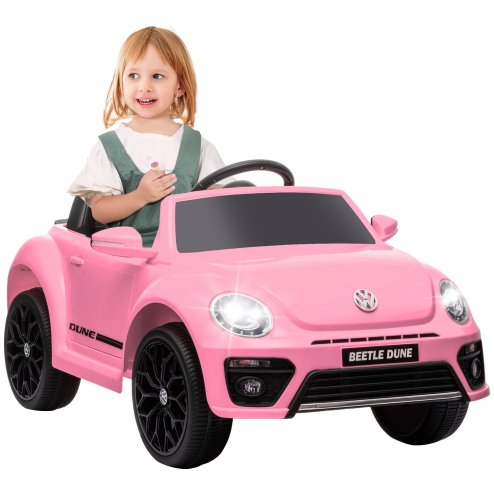 AIYAPLAY Volkswagen Beetle Licensed Ride on Car, 12V Kids Electric Car with Remote Control, 4 Spring Suspension Wheels, Soft Start, Headlights, FM Radio, Music, Horn, Pink
