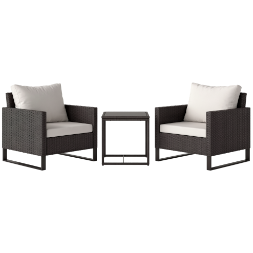 Outsunny 3 Pieces Rattan Bistro Set with 4 Cushions, Wicker Garden Furniture Set, Glass Top Coffee Table and Chairs for Outdoor Patio, Balcony, Terrace and Conservatory, Brown