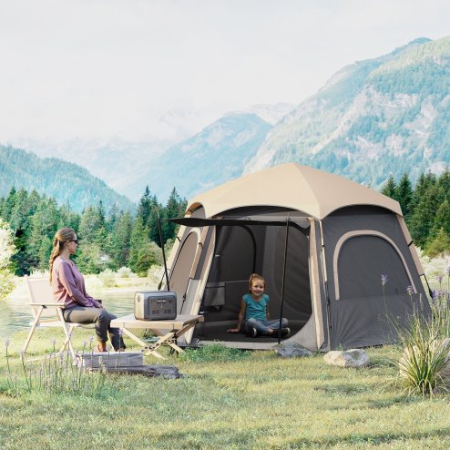 Outsunny Instant Pop Up Camping Tent, 2/3/4 Person Easy Setup Dome Family Tent with Vestibule, Rainfly, 4 Mesh Windows & 2 Doors, Hexagonal Design, Waterproof & UV Protected, Dark Grey
