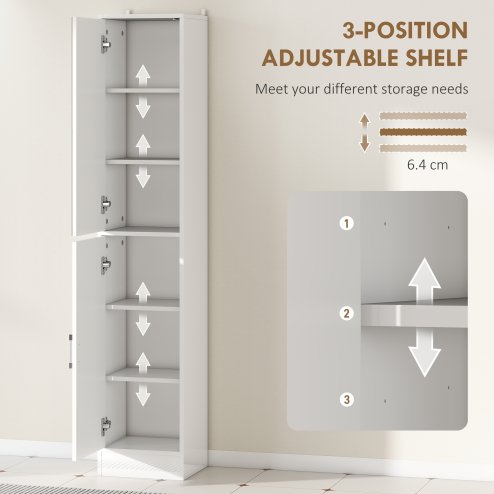 kleankin Tall Mirrored Bathroom Cabinet, Bathroom Storage Cupboard, Floor Standing Tallboy Unit with Adjustable Shelf, High Gloss White