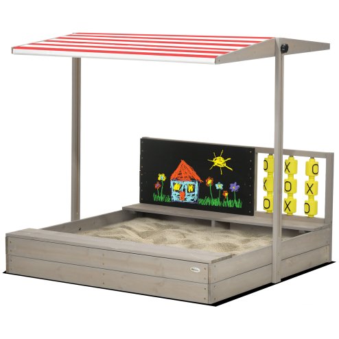 Outsunny Kids Wooden Sand Pit, Children Sandbox w/ Non-Woven Fabric, Two Seats, Canopy, for Gardens, Playgrounds - Grey