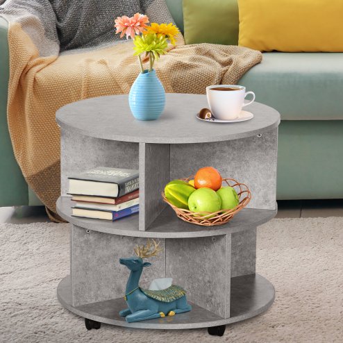 HOMCOM Round Coffee Table, Movable Centre Table with Divided Shelves and Rolling Wheels, 3 Tier Living Room Table