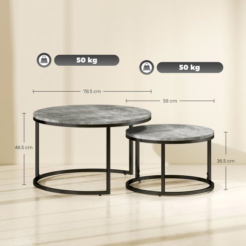 HOMCOM Round Nesting Coffee Table Set of 2, Large Stacking End Side Table with Steel Frame for Living Room, Bedroom, Home Office, 78.5 x 78.5 x 46.5 cm, Cement Grey