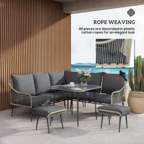 Outsunny 6 Pieces Rattan Garden Furniture Set, Garden Corner Sofa with Thickened Cushions, Outdoor Dining Set with Glass Top Dining Table, Loveseats and Footstools for Conservatory, Light Grey